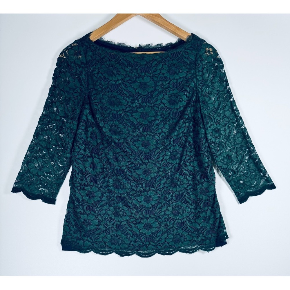 Boden Lace Blouse Womens 8 Forest Green Navy Lined‎ Sheer Floral Dressy Romantic